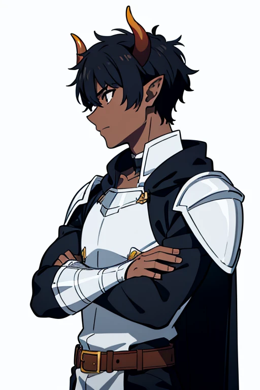 1boy,20 years,solo,serious,((dark skin)),black hair,elf ears,short hair,(horns),(((white background))),crossed arms,silver knight armor,profile