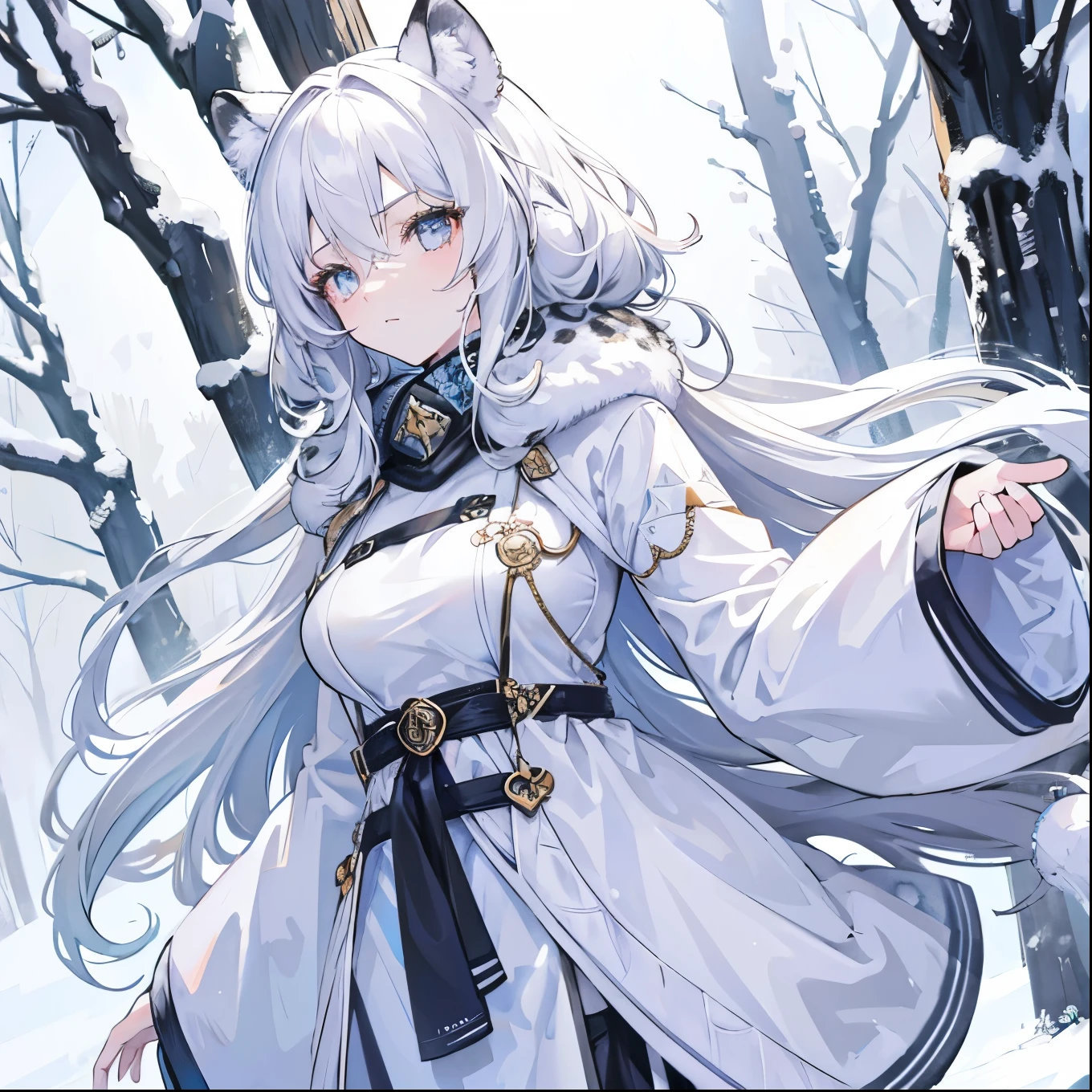 1 female, snow leopard demihuman, pretty, adult female, fluffy ears, narrow eyes, cold stare, fluffy tail, snow leopard ears and tail, human body, silver eyes, showing teeth, curly messy white hair, white eyelashes, pale skin, inside a snowy forest background, a anime artstyle, detailed, wearing a fluffy coat, semi-realism, adult female, HD, soft colors, unique posing, dynamic camera angle, dynamic.