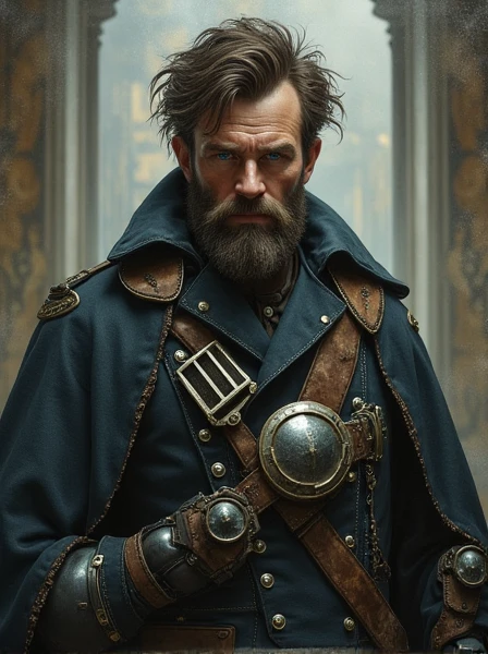Rough Napoleonic Veteran. Short beard. Dark Brown hair. messy haircut. blue eyes. Fancy but dirty Uniform. Cybernetics. Dieselpunk. Dark Sci-fi. Warhammer 40k. Gothic aesthetics. baroque Oil painting