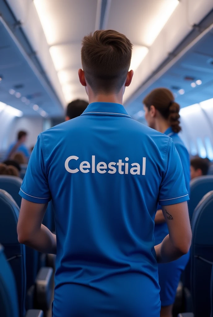 Create an image of an airplane inside with employees wearing a shirt with the company name in large letters “celestial” blue shirt