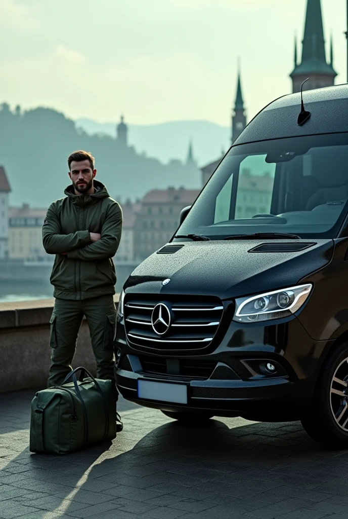 Create an image of a Mercedes Benz V-Class with tinted windows, Regensburg can be seen in the background.
Next to the Mercedes V-Class stands a young man with a beard and crossed arms. The man is wearing camouflage clothing. A green duffel bag lies next to the man.