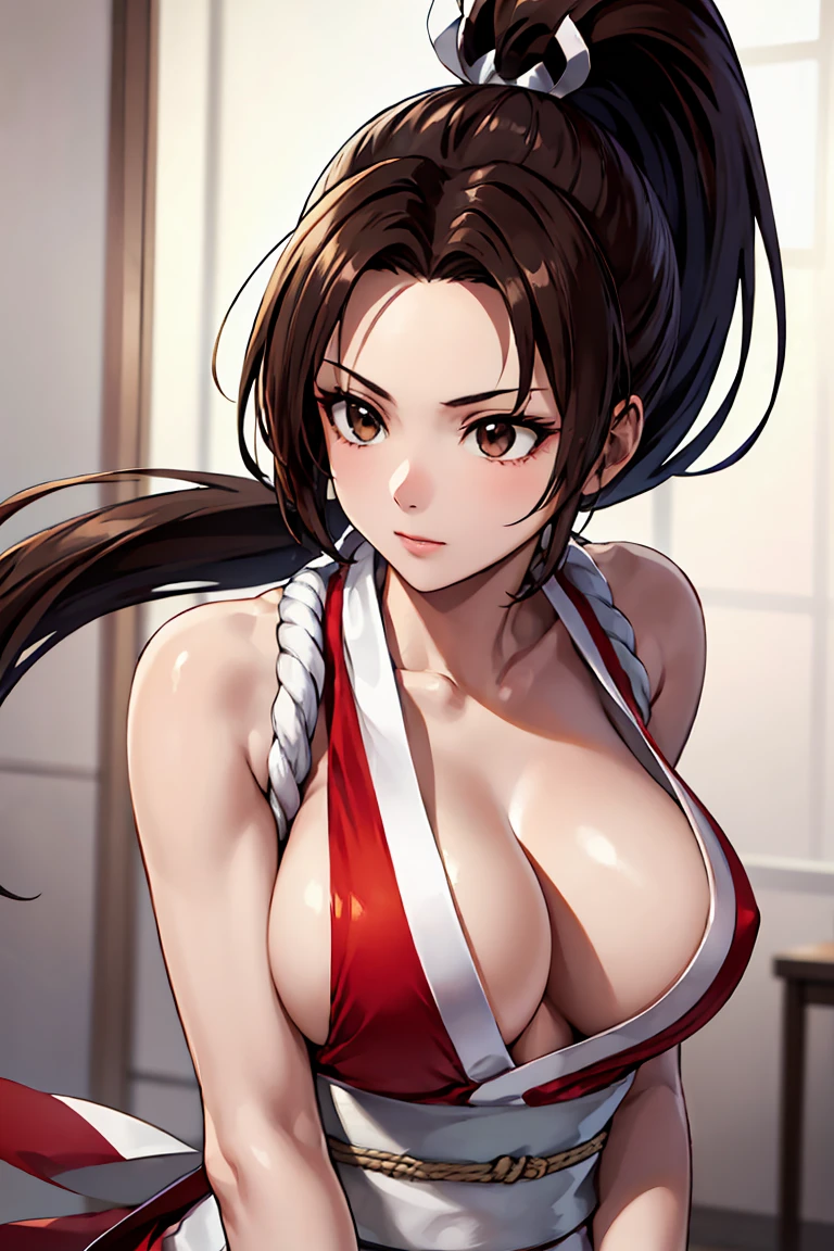 masterpiece, (best quality:1.2), high resolution, 1girl, solo, shiranui mai, maims, (big breasts:1.2), pelvis curtain, japanese clothes, revealing clothes, cleavage, brown eyes, long hair, brown hair, white ribbon, sleeveless, ponytail, sash, arm guards, gloves, tabi, (rope:1.3), (white rope:1.3), (upper body:1.4), (breast focus:1.4), (shiny clothes:1.0), (silk clothes:1.2), face close up, (arms behind back:0.7)
