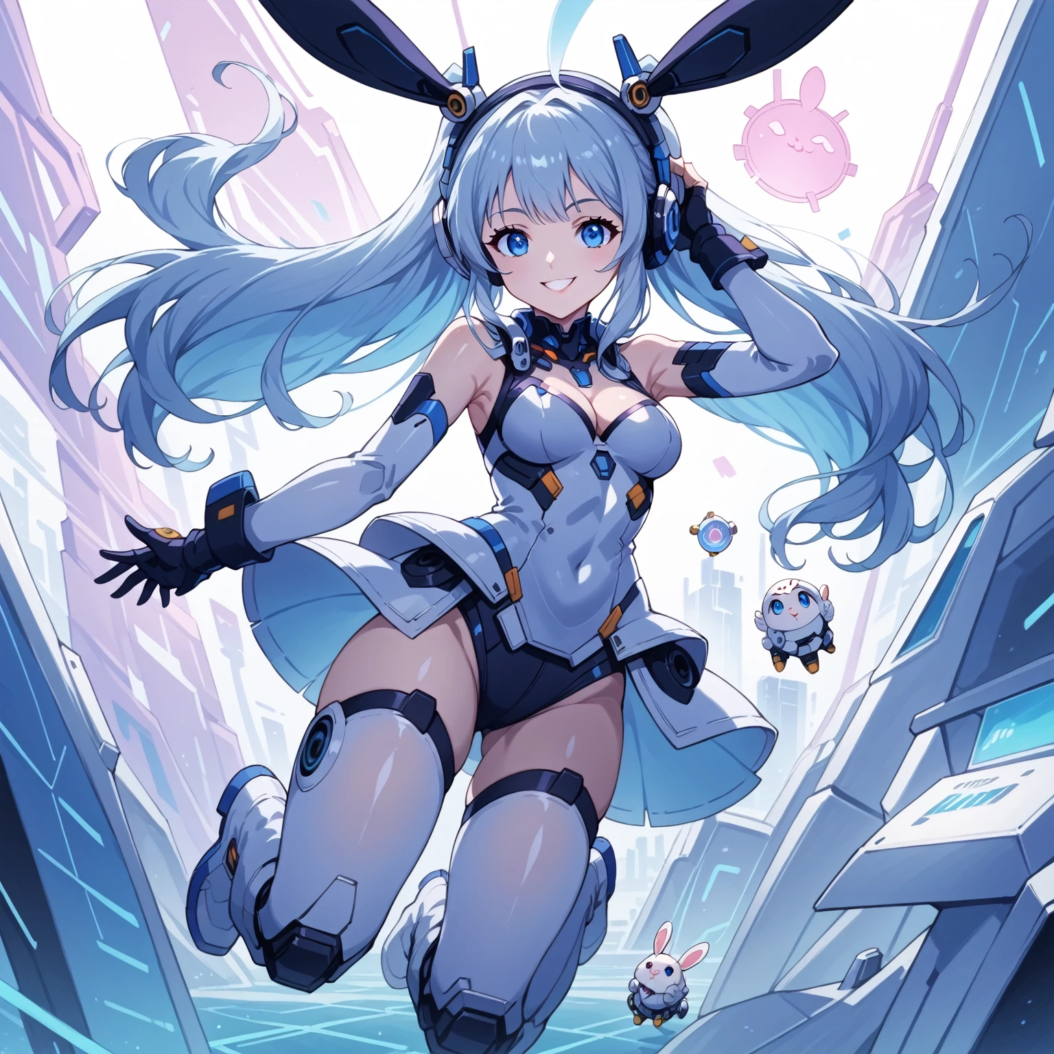 score_9_up, score_9, score_8_up, score_7_up, source_anime,masterpiece, best quality, high resolution, extremely detailed CG, absurdres, highres, 1girl solo, a mecha bunny girl jump on top of a futuristic circular device in universe, long hair, thighhighs, animal ears, rabbit ears, blue eyes, breasts, cleavage, bare arms, no_sleeves, white thighhighs, headphones, medium breasts, very long hair, boots, smile, armpits, hands near head, kawaii, vivid color, good_hands, futuristic background