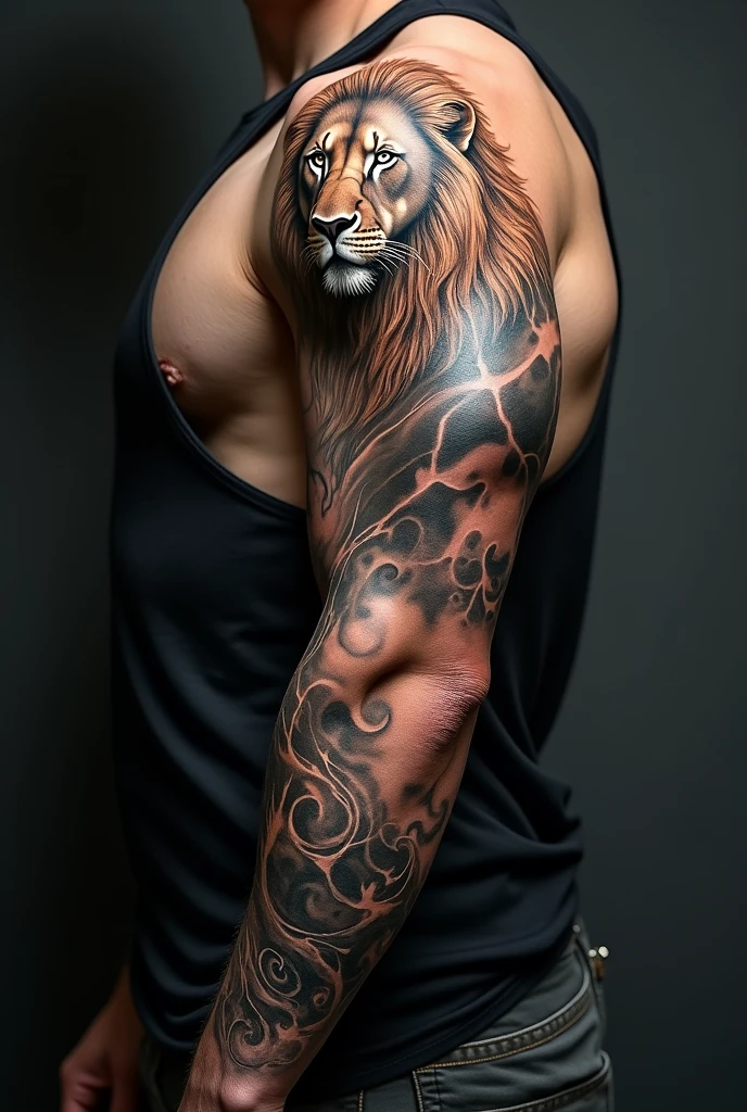 Imagine a tattoo that covers your entire arm and radiates strength and masculinity. on the shoulder, an imposing lion is depicted in realistic detail, their sharp claws and piercing eyes symbolizing leadership and power. your mane, rich in textures, goes down the biceps, where it turns into waves of smoke, sugerindo movimento e energia.

on the forearm, an ancient armor wraps the skin, with intricately shaded metal plates that appear to be fused to the body. Cracks in the armor reveal a steel skin beneath, symbolizing resilience and invulnerability.

Connecting everything, bands of light and shadow run down the arm, creating a sense of unity and flow. The tattoo is a masterpiece of contrasts and textures, designed to convey a powerful and indomitable presence.