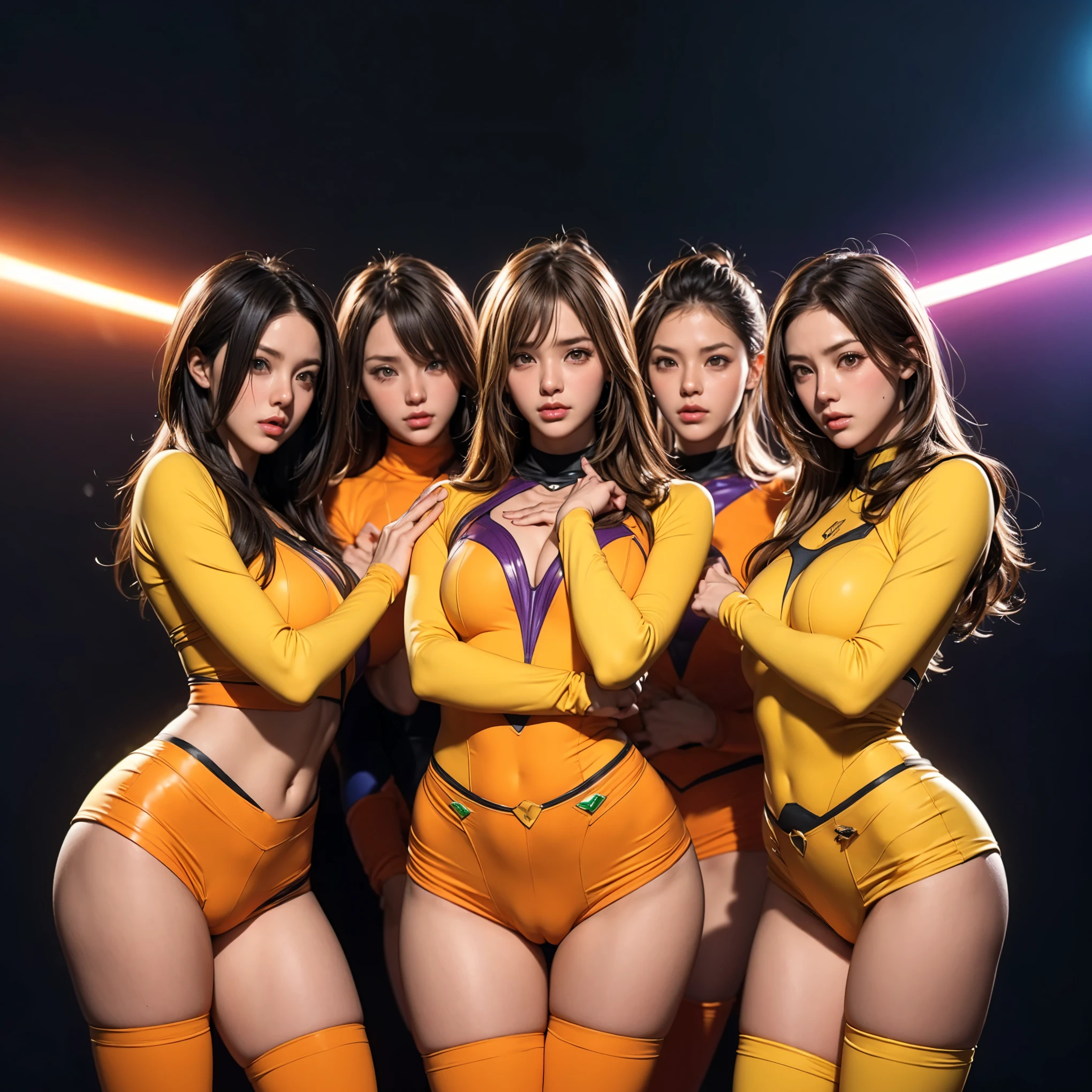 A brave and courageous image of a six-member ranger team, Each one is decorated in vibrant colors.、:: Neon Pink, Sunset Orange, Fire engine red, Plasma Violet, Fluorescent Green, Shocking Yellow. Dynamic poses with backgrounds that exude energy and courage, Embodying the essence of the classic Sentai superhero team. Each Ranger:: The clothes are sophisticated and modern, Each color has elements that reflect its theme., Ready for action. ((Camel Toe))