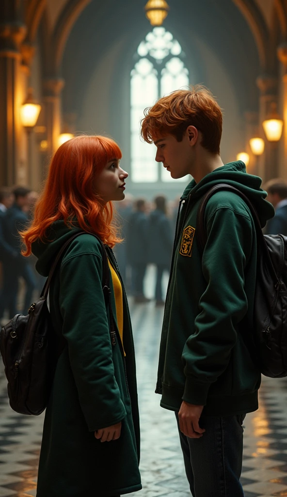 a short, red-haired Hufflepuff student at Hogwarts meets another student in the hallway who looks worried.