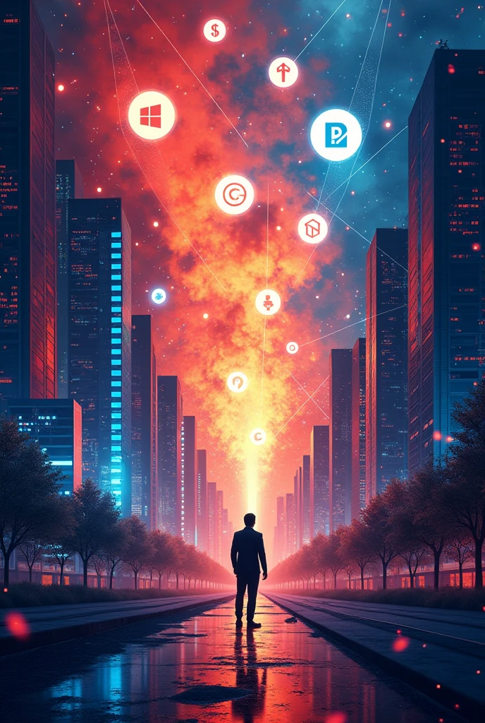 Create me a poster for exhibition which represents the power Bi , stocks, crypto, start ups in the background with bigger sizes