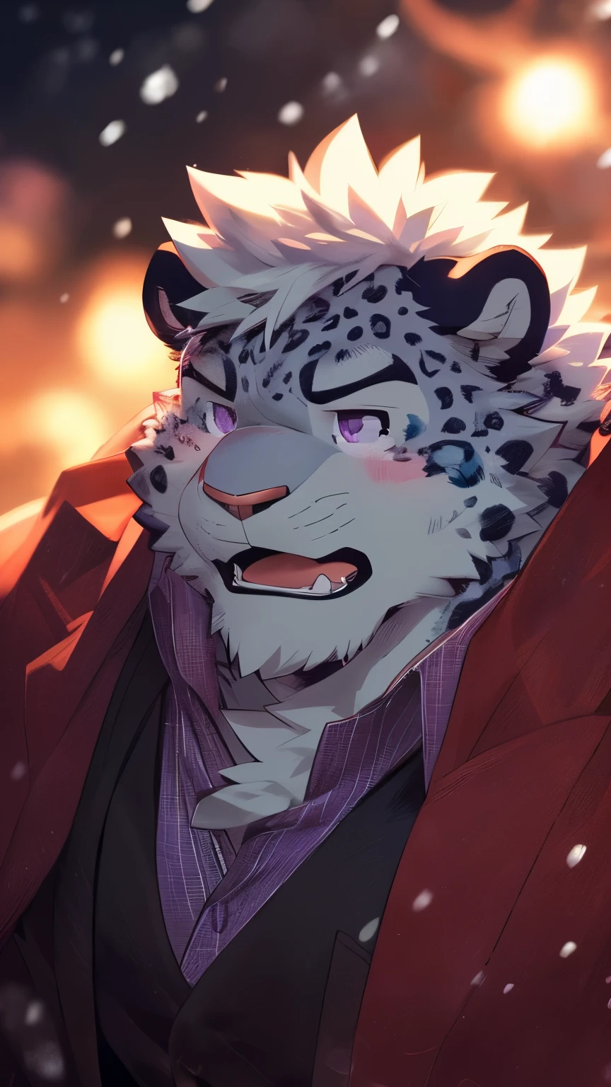 human nature, wild animals, male, 28 years old，youth，solitary, ((Round Face, The face is plump, Purple Eyes, Thick white hair，Scars)), ((Endomorph, Handsome，Hot Blood)), （Mecha suit，no electricity，exhausted), ((domestic snow leopard, Snow leopard orcs) Fluffy fur, Fluffy, grayish purple spots), (snow leopard print), Bokeh, (high quality, high resolution, masterpiece), (Dynamic Lighting, Vibrant colors), (Open your mouth and cry，Lots of tears，blush), Detailed teeth, Full body pictures (Vision), cartoon, author：Takemoto Arashi, From Zixiong, author：Chunni, author：Ethereal，（background：Rainforest）