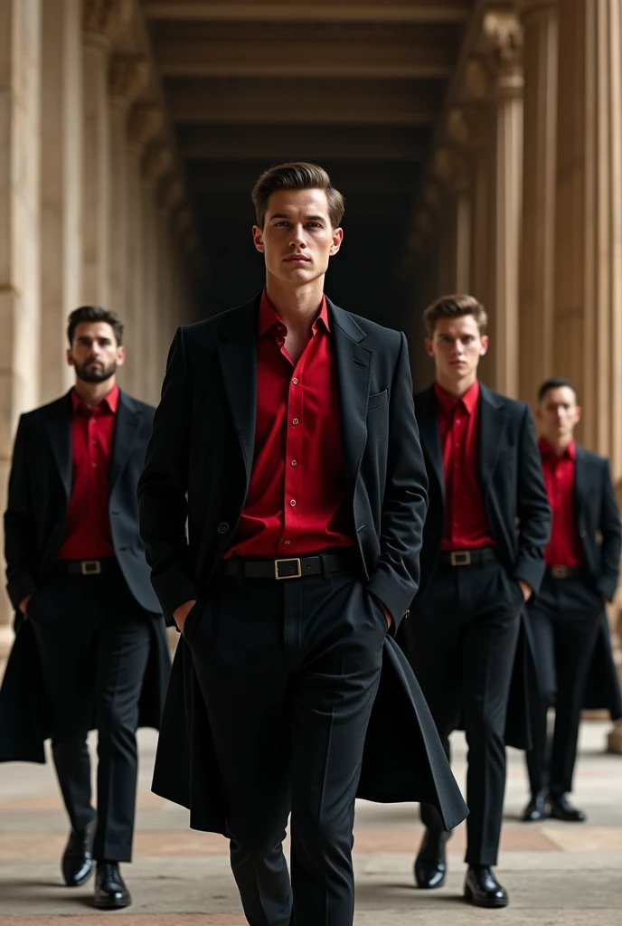 Male models in a row wearing a black overcoat, red dress shirt and black dress pants in a greek temple, Dark environment