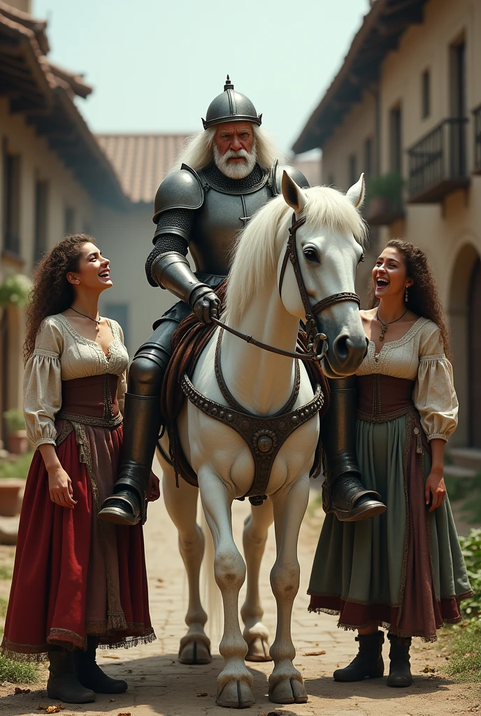 Don Quixote of La Mancha with medieval iron armor and helmet, old man with white hair and getting off the white horse, and crazy. With two women from the street, laughing at don quixote, dirty,(Prostitutes) in a village. in medieval clothing