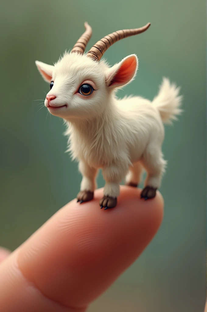 ChatGPT said:
ChatGPT
A goat standing on a thumb would be a whimsical scene. The tiny goat, likely a baby ominiature version, would be delicately balanced on the tip of a human thumb. Its small hooves would be just touching the surface, with its curious eyes looking around. The thumb would provide a sense of scale, highlighting the goat's tiny size. The background could be simple to keep the focus on this adorable interaction