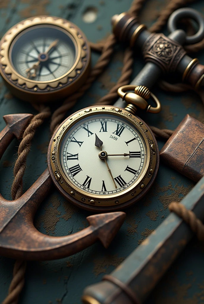 An arrow and a pocket watch as part of it, a compass and an anchor,
 