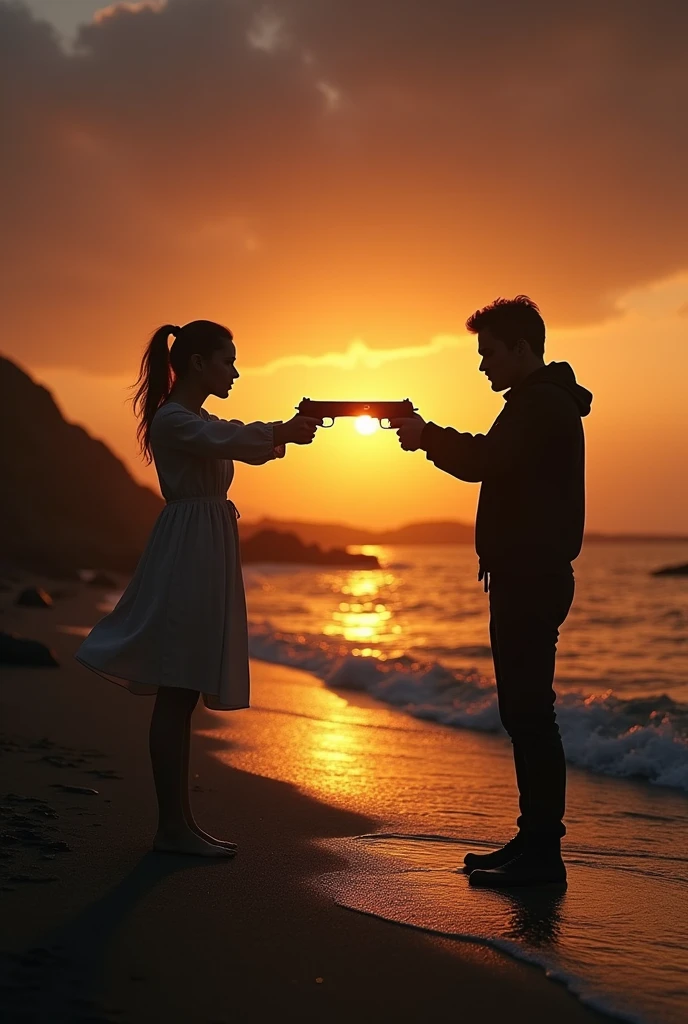 Shadow couple girl and boy shooting each others with guns cross hands dark aesthetic real sunset evening shore young 
 
