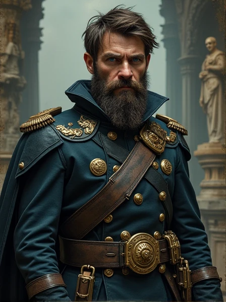 Rough Napoleonic Veteran. Short beard. Dark Brown hair. messy haircut. blue eyes. Fancy but dirty Uniform. Cybernetics. Dieselpunk. Dark Sci-fi. Warhammer 40k. Gothic aesthetics. baroque Oil painting