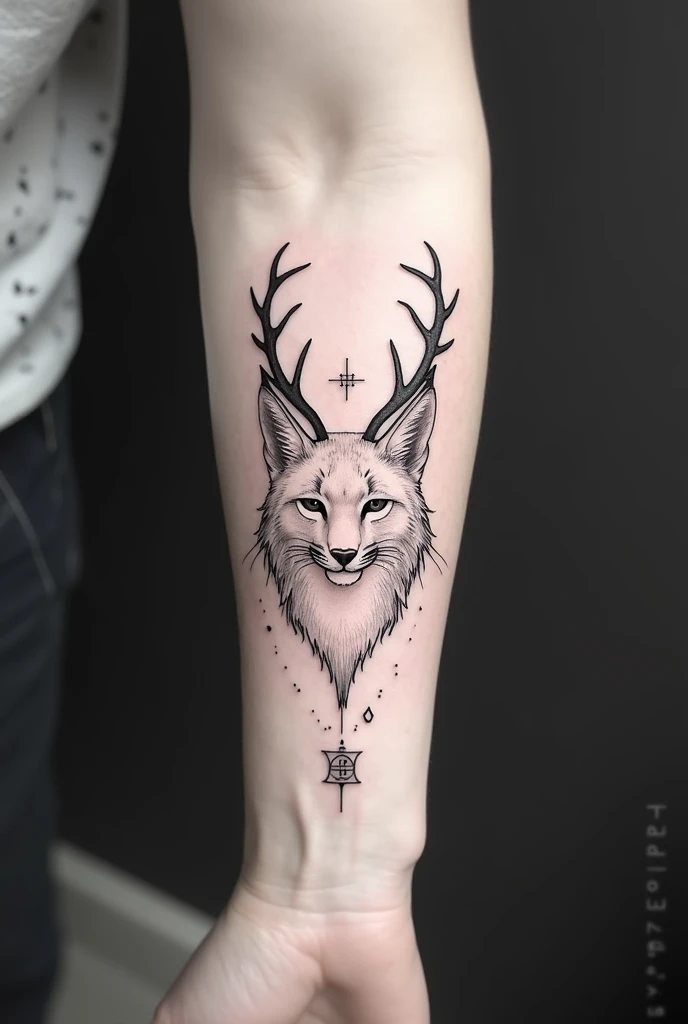 Could you create a sketch of a tattoo with just lines for the forearm of a lynx with small deer antlers??, also with Nordic symbols