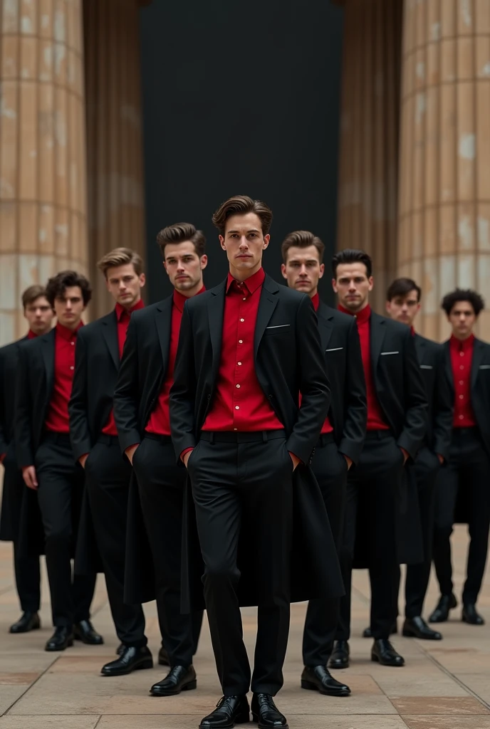 Male models in a row wearing a black overcoat, red dress shirt and black dress pants in a greek temple, Dark environment