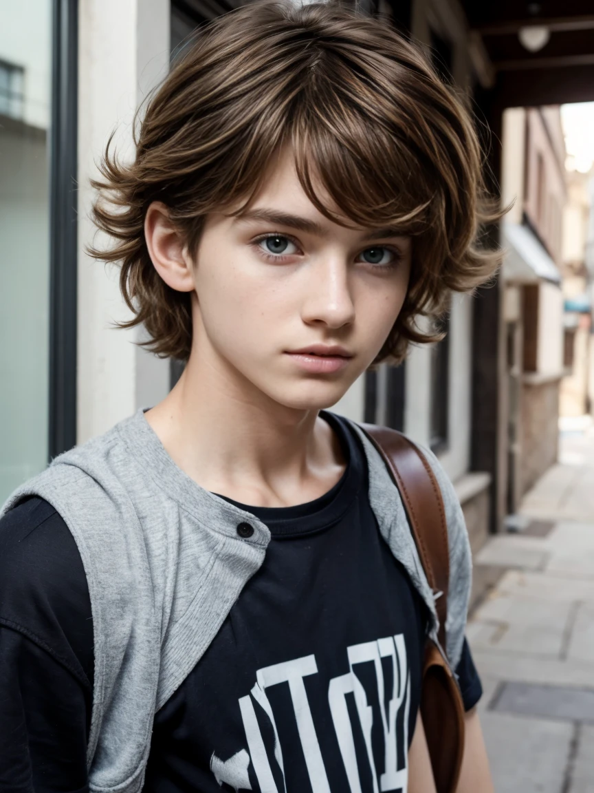Photorealistic, masterpiece, ultra hd, perfect eyes, teenager, boy, , walnut hair, fluffy messy hair, pale skin, bags under eyes, beautiful, young looking, perfect face, perfect skin, casual clothes, boyish face, cute face, medium hair, hair over one eye