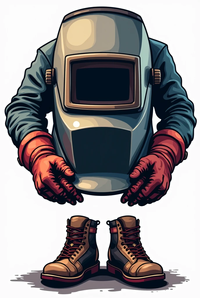 a sign with a welding helmet on it, welding gloves holding it by the sides and underneath welding shoes