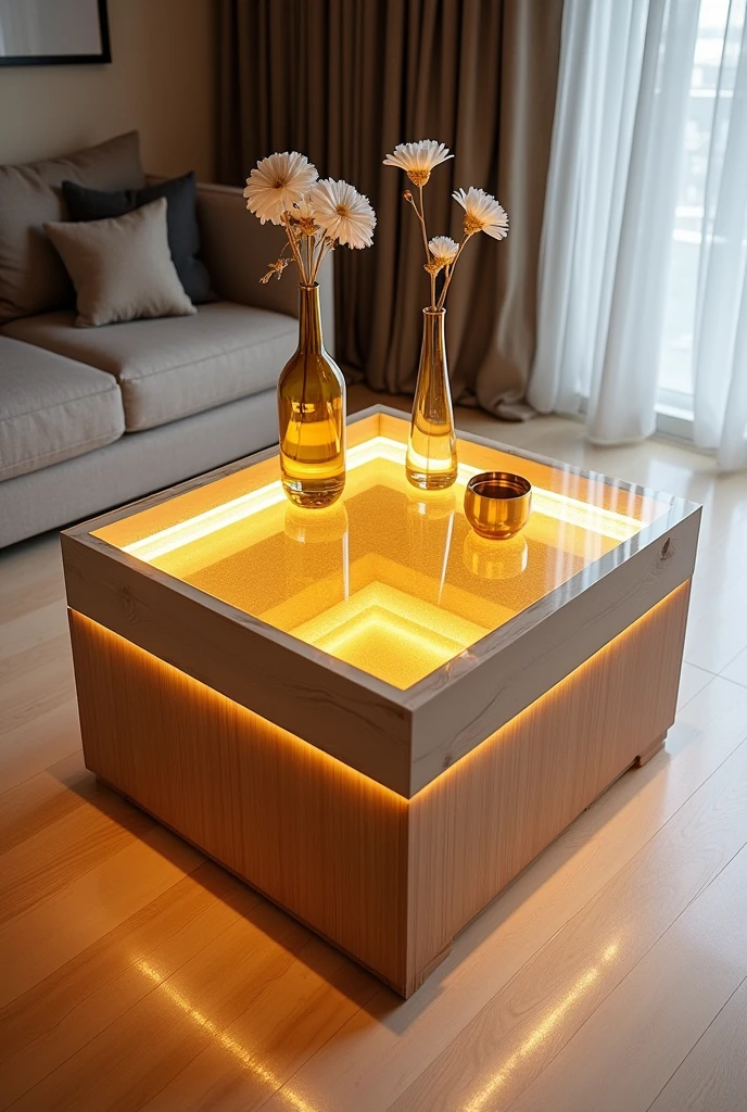 Handcrafted square small table, with a clear acrylic glass top that creates a deep well-like visual effect thanks to the warm golden LED lighting built into it.. The sides of the table are made of high quality MDF wood and covered with a layer of clear epoxy, giving it a shiny and modern touch while protecting the wood.. The table is decorated with simple decorations including artificial flowers and light golden vases.. The table is placed on a light wood floor, enhancing its simple, modern appeal.. The design combines elegance and simplicity, making it ideal for use in a guest lounge.