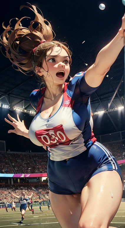 Beautiful Olympic woman wearing a tight suit (throwing shot put), (large breasts), cleavage, long brown hair, ((shot put)), throwing shot put,((shot put)), ((carrying sphere on chest)), (body rotation), outstretched arm, whirling wind, athletes uniforms, sports shorts, sweat, dust, track and field, motion lines, crowd, official scorer, running, big , floating hair, open hands, from below,bouncing breasts, unaligned breasts, motion blur,((shot put)), ((carrying sphere on chest)), (body rotation), outstretched arm, whirling wind, athletes uniforms, sports shorts, sweat, dust, track and field, motion lines, crowd, official scorer, running, big , floating hair, open hands, from below,