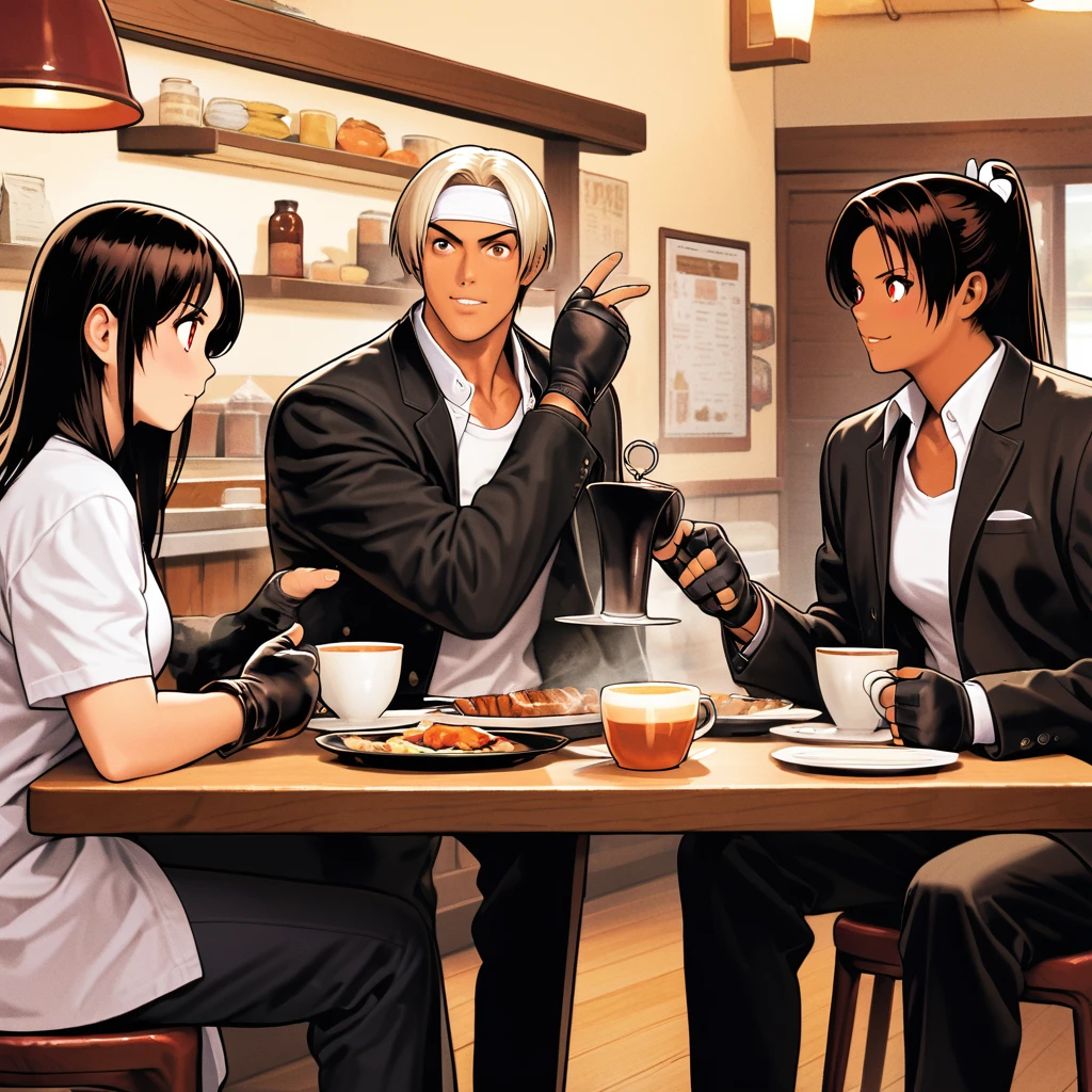 Orochikyo, Dark Skin,Red eyes,Black jacket, Fingerless gloves, White T-shirt, White headband, Black trousers, White shoes, Tea belt, good looking,indoor, charm, masterpiece, High resolution, Detailed face,fine grain, Confident and surprised face,Eating with friends at a restaurant,Busy