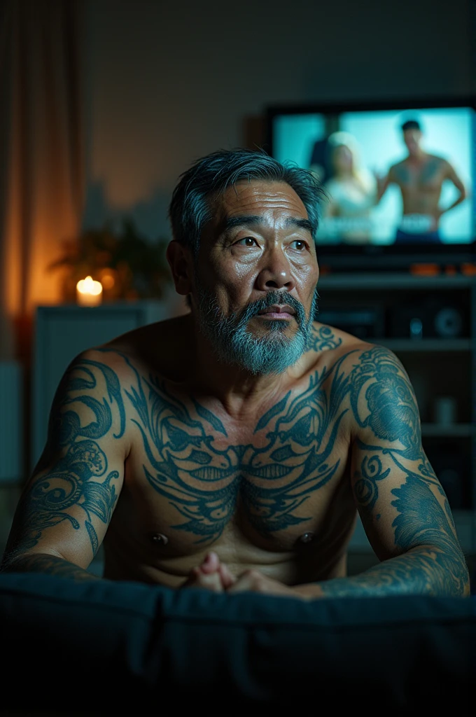 Image of a mature Asian man with tattoos covering his chest and shoulders watching a porn movie