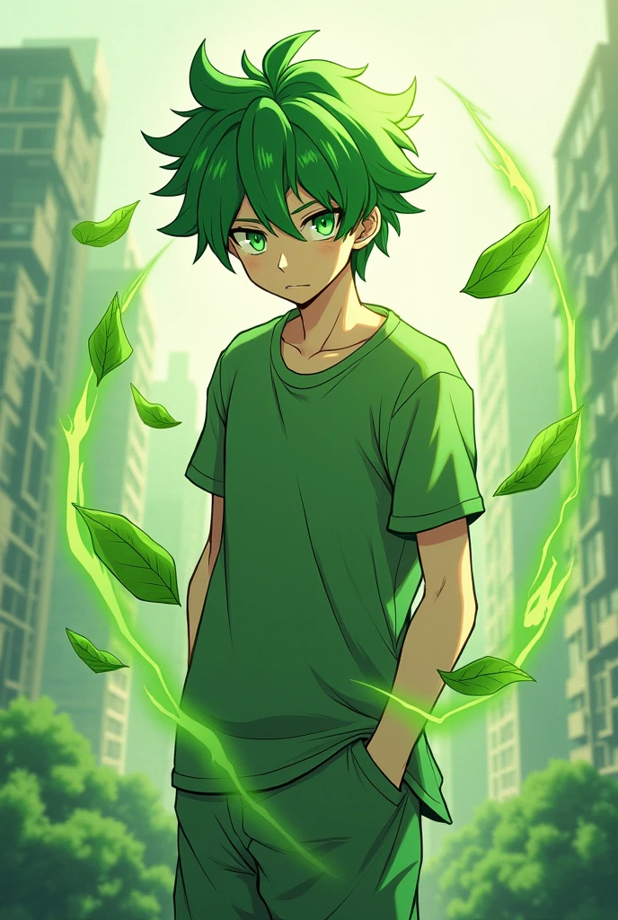 Create an anime character with leaf powers for icon on discord,a male character who has green hair and green eyes, but wear normal clothes but green