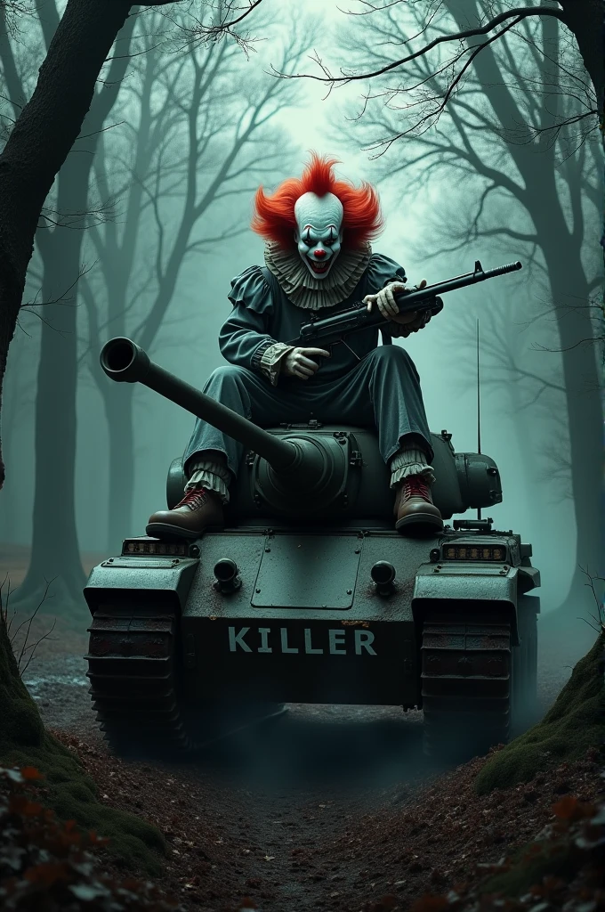 Scary clown with machine gun on top of a tank, em uma floresta escura. Killer written on the bottom of the tank