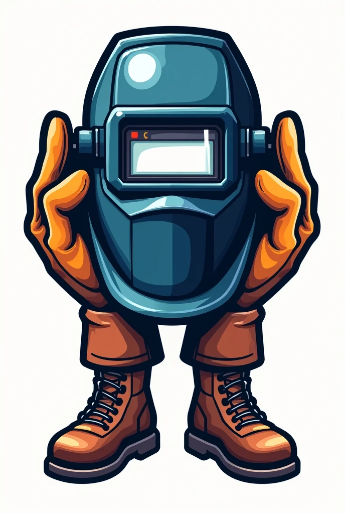 a sign with a welding helmet on it, welding gloves holding it by the sides and underneath welding shoes