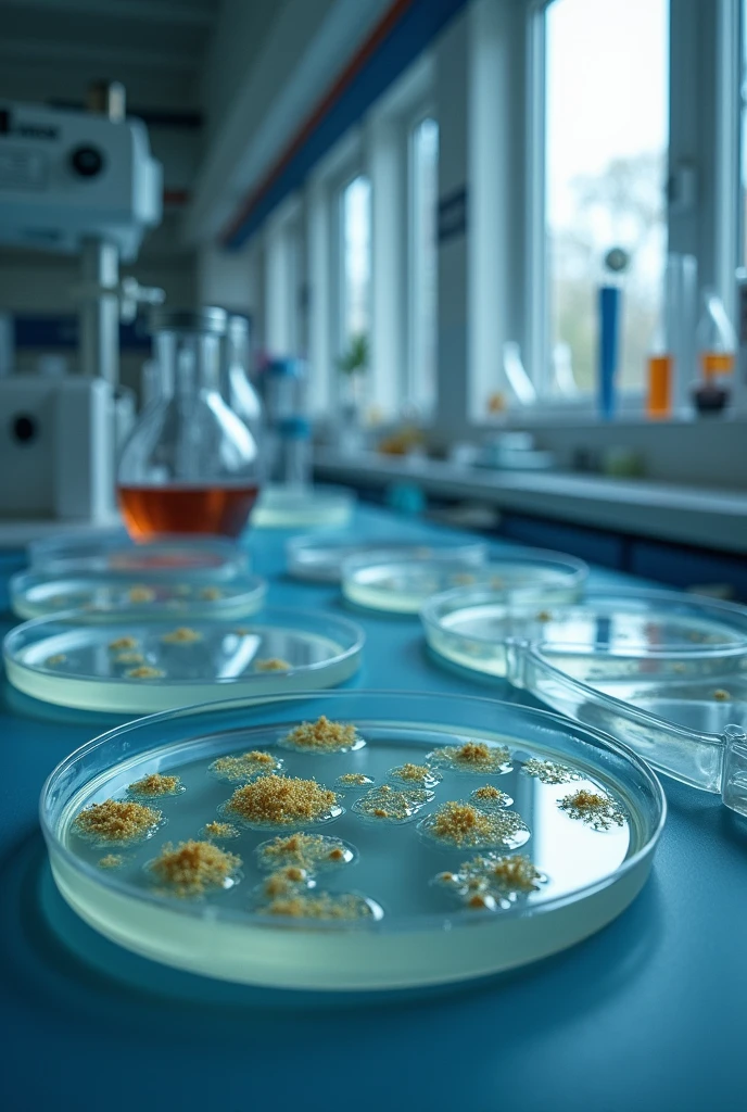 Take a picture of a water analysis laboratory and how worrying it is not to hire a specialized company to treat the water you breathe. Show plates of air contaminated by fungi and being analyzed.