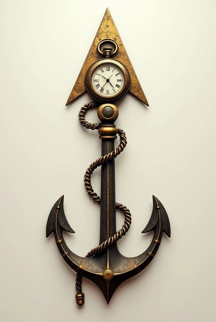 An arrow and that forms the body of this is made up of a pocket watch, a compass and an anchor,