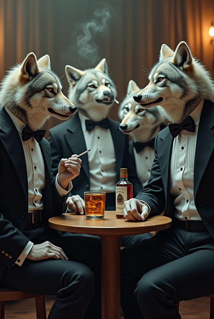 wolves dressed in suits surrounded by women Naked pole dancers with huge breasts, big round buttocks, long legs in table dance with low light, nudist bar, alcoholic beverages, cigars, cigarettes