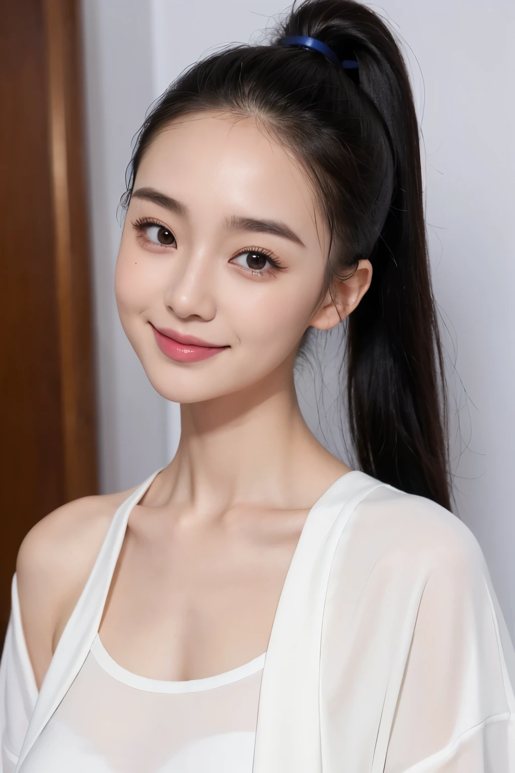 ((Best picture quality, 8K, tmasterpiece:1.3)), 1girll, Beautiful woman with slender abs:1.3, (Casual hairstyle, :1.2), Off-white low-cut bra，Super large，The skin is very white，Ultra-fine face, A detailed eye, 二重まぶた，ssmile。Take pictures in cute poses，The figure is very bad，tiny small waist，Super big breasts，Close-up，Close-up chest，White-skinned，The background is casual，Close-up Shot Shot