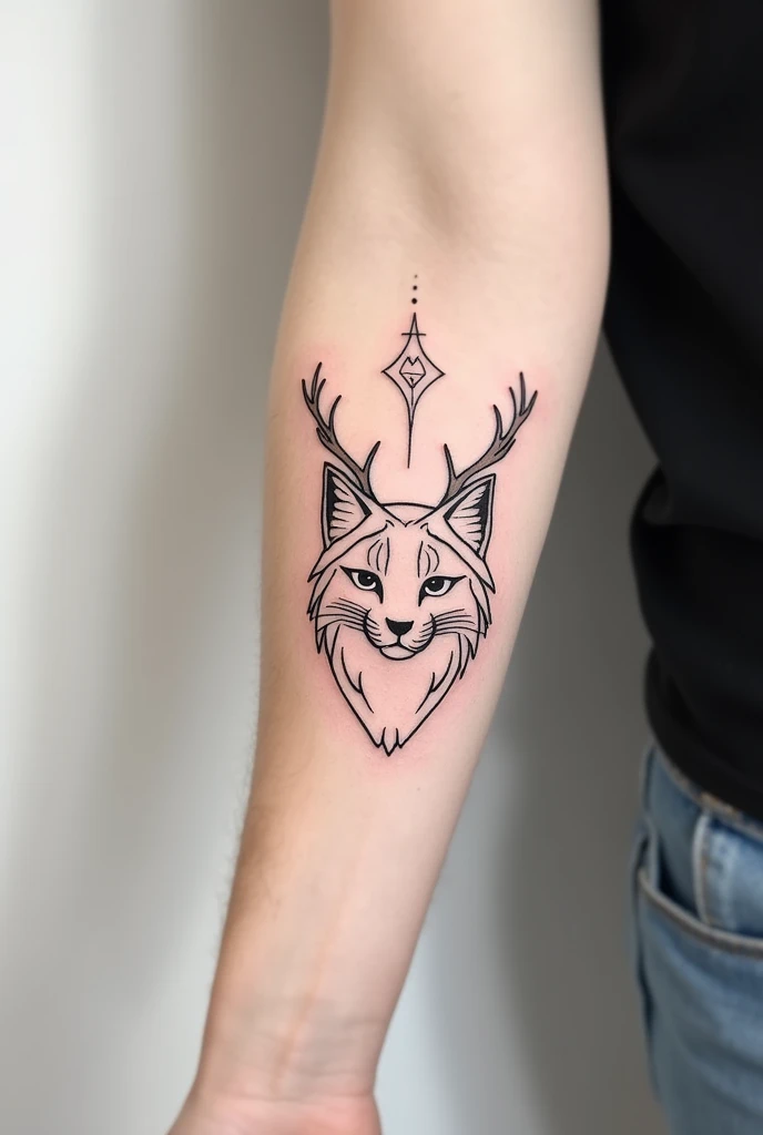 Could you create a sketch of a tattoo with just lines for the forearm of a lynx with small deer antlers??, also with Nordic symbols