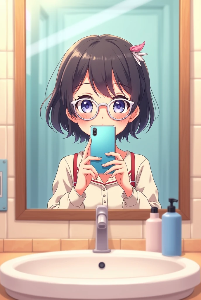 An anime girl wearing white glasses is taking a selfie in front of the bathroom mirror.