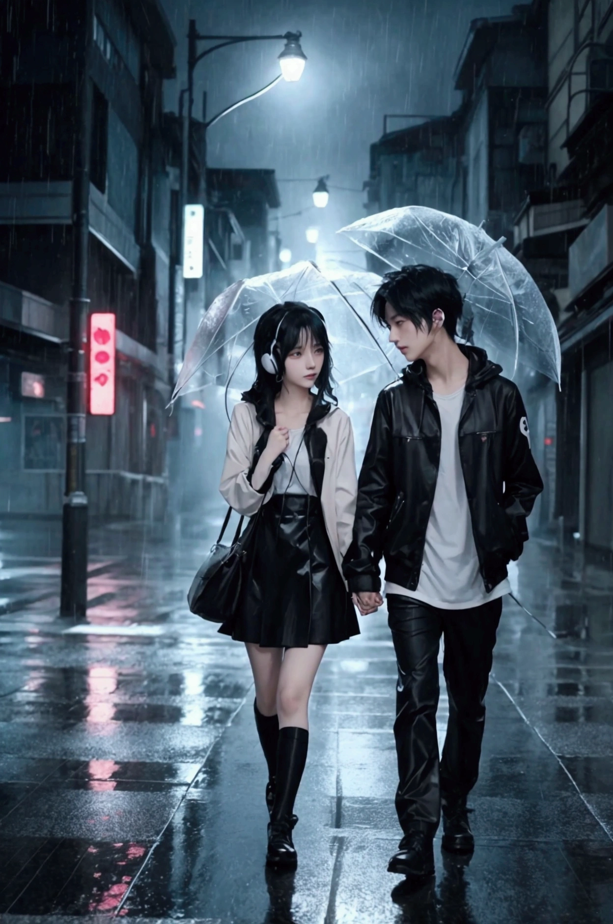 anime couple in the rain with headphones on, a picture by Yuumei, pixiv, romanticism, anime style 4 k, nightcore, artwork in the style of guweiz, with headphones, anime art wallpaper 4 k, anime art wallpaper 4k, lofi artstyle, loish and ross tran, 4k anime wallpaper, headphones