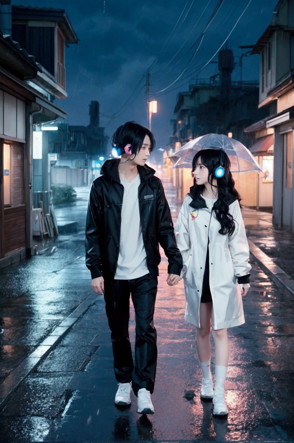 anime couple in the rain with headphones on, a picture by Yuumei, pixiv, romanticism, anime style 4 k, nightcore, artwork in the style of guweiz, with headphones, anime art wallpaper 4 k, anime art wallpaper 4k, lofi artstyle, loish and ross tran, 4k anime wallpaper, headphones