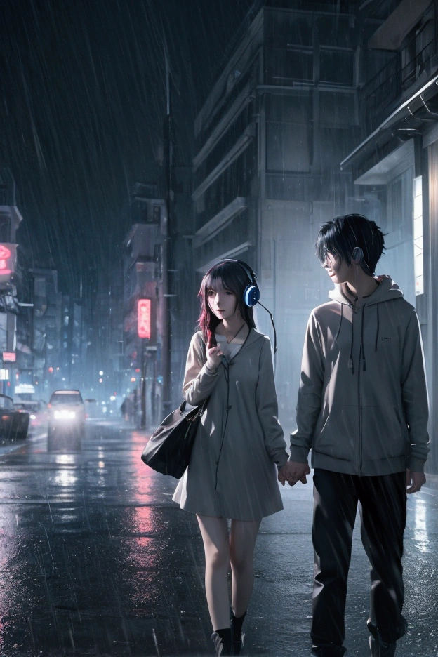 Anime boy sitting, hugging anime girl crying in the night rain