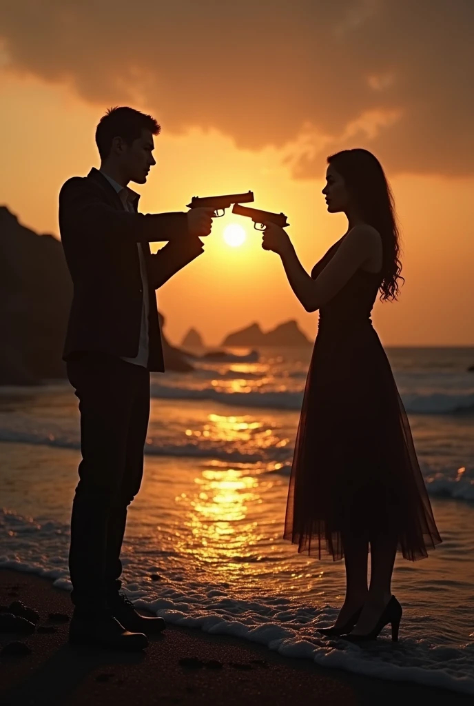 Shadow couple girl and boy shooting each others with guns cross hands dark aesthetic real sunset evening shore young