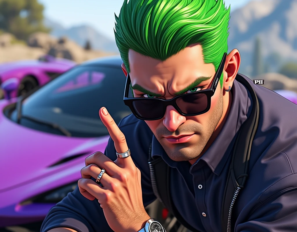 a close up of a man with green hair and clean shave looking in front and man doing the hand pose and sunglasses and man with half body style of gta v, as a character from gtav, gta5 style, gta v style, gta character, jerma985 , as the protagonist of gta 5, gta 6 style, ! split hair dye!, gta v character, gta 5 skin tone, gta v street style the sports car in back ground which color is purple  and half body pic 
full body picture and car  is in front 
the man with short hair  and the car is mclaren p1 in purple car  
