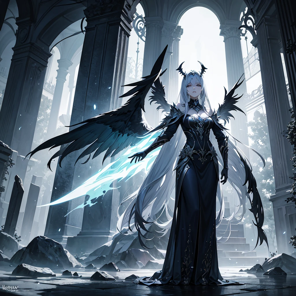 Prompt for SeaArt:
Character: Verónica Elizabeth, The Guardian of the Arcane and Eternal Night
Description:
 * Pose: Standing in a powerful, commanding pose, with wings slightly unfurled.
 * Lighting: Dramatic, with strong contrasts between light and shadow.
 * Background: A dark, mysterious setting, perhaps a moonlit forest or an ancient library.
 * Mood: Ethereal, powerful, and slightly ominous.
 * Focus: The character's face, with a particular emphasis on the eyes and the mask.
Additional Notes:
 * Color Palette: Dark tones with accents of silver and blue.
 * Details: Ensure the intricate details of the costume and the corrupted halo are visible.
 * Transformation: Consider including a secondary image or a partial view of Verónica transformed into a wolf.
Overall: The image should capture Verónica's enigmatic and powerful nature, while also hinting at her dark history and the corrupted halo she bears.
