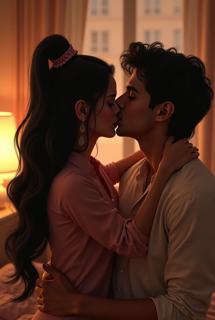 Create a image of a 25 year old indian girl in a room long black silky hair in high thick bun style of girl hair year old boyfriend kissing her neck from back