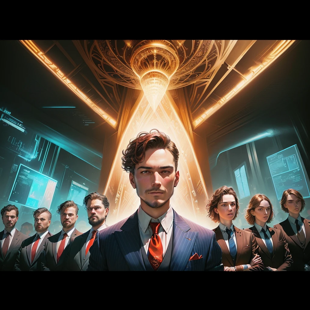a man with a red tie standing in front of a group of people, estilo and mumford e alex gray, Lighting, in the style dan mumford artwork, in the artistic style of Dan Mumford, the encrypted metaverse, technocracy, they reach their minds, visionary, enlightening, predicting the future, corporate boss