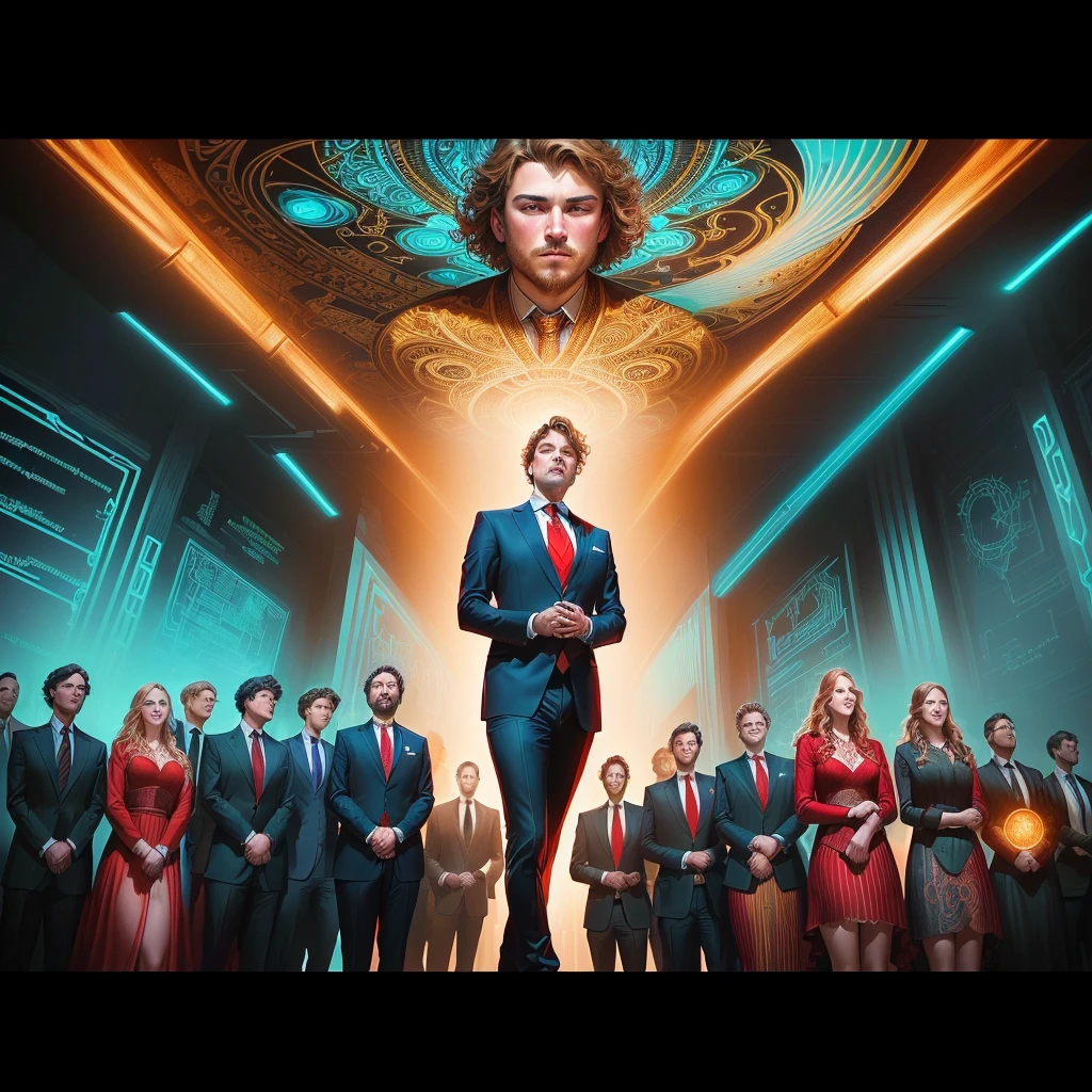 a man with a red tie standing in front of a group of people, estilo and mumford e alex gray, Lighting, in the style dan mumford artwork, in the artistic style of Dan Mumford, the encrypted metaverse, technocracy, they reach their minds, visionary, enlightening, predicting the future, corporate boss