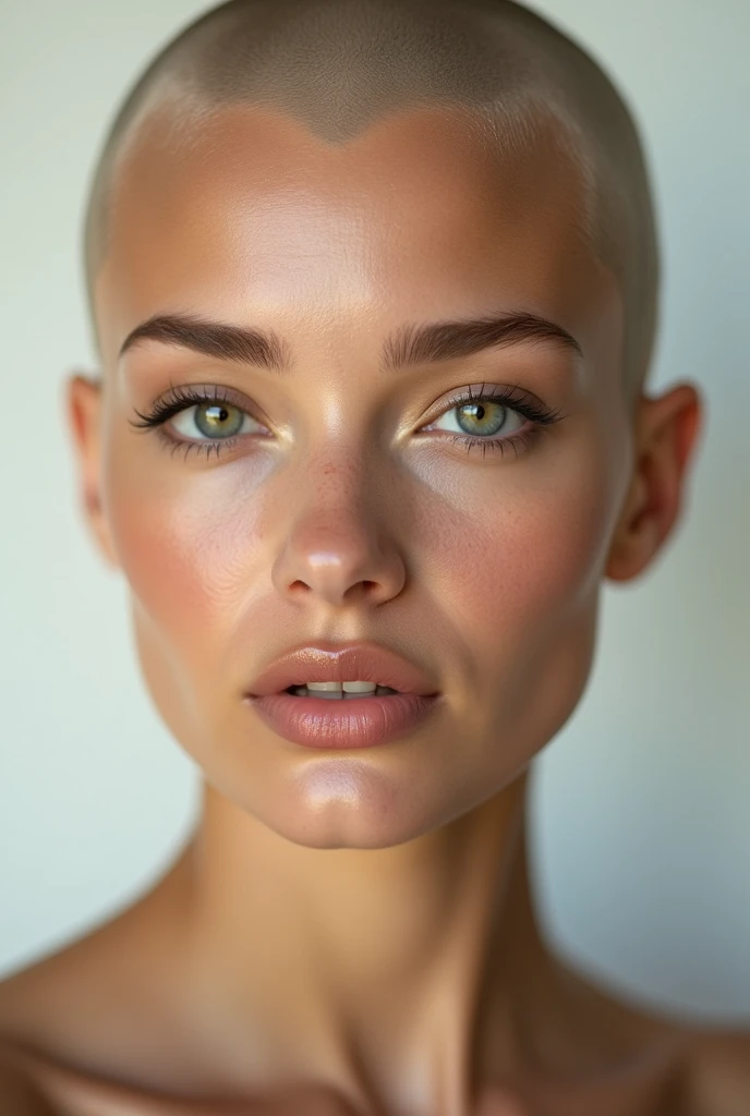photorealism, hot bald woman, pinterest woman, 4k, ultra realistic, skin texture, pores, photorealistic, model, hyper realistic, RAW photo, photography, gorgeous, summer raine, face close up, in focus, staring straight forward