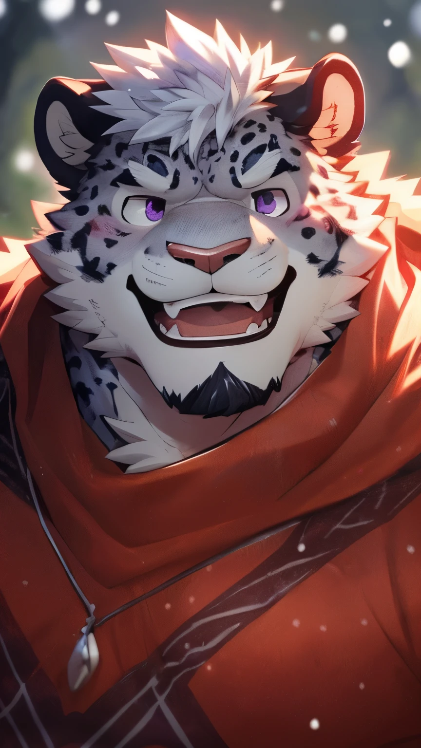 human nature, wild animals, male, 28 years old,youth,solitary, ((Round Face, The face is plump, Purple Eyes, Thick white hair,Scars)), ((Endomorph, Handsome,Hot Blood)), (Mecha suit,no electricity,exhausted), ((domestic snow leopard, Snow leopard orcs) Fluffy fur, Fluffy, grayish purple spots), (snow leopard print), Bokeh, (high quality, high resolution, masterpiece), (Dynamic Lighting, Vibrant colors), (happy,laughing out loud,blush), Detailed teeth, Full body pictures (Vision), cartoon, author:Takemoto Arashi, From Zixiong, author:Chunni, author:Ethereal,(background:Rainforest)