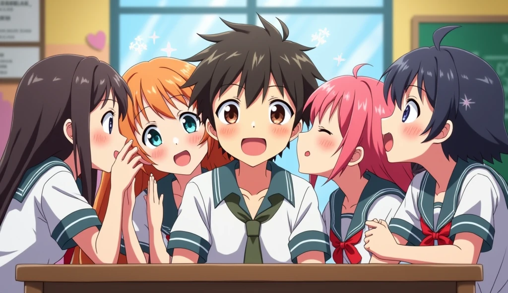 A young Anime Man is surrounded by several Anime girls in class room ,. The boy appears astonished, wide-eyed, as one of the girls leans in and kisses him. The scene is vibrant and playful, and everyone enjoying the day."