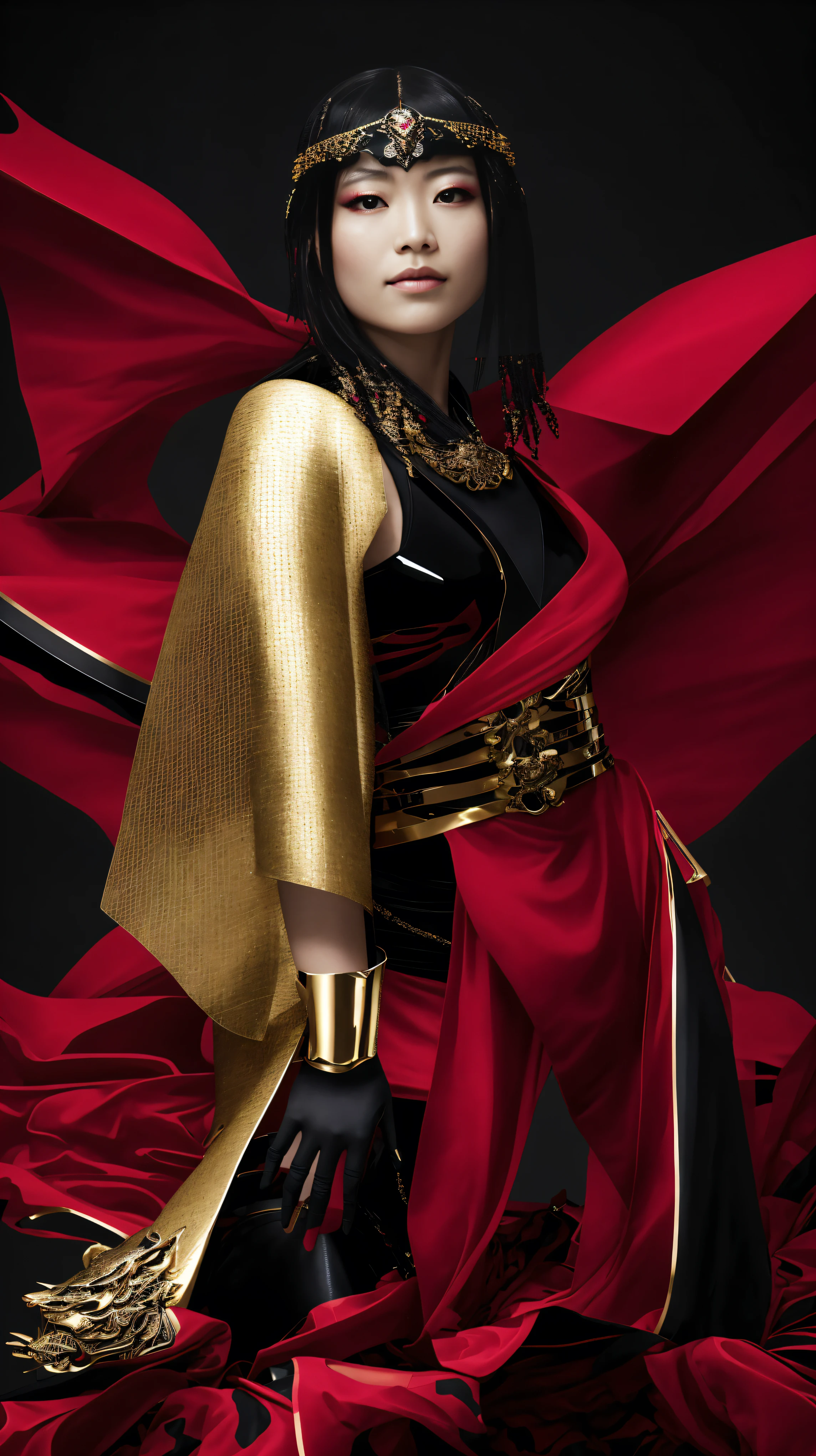A female superhero in full body armor, featuring a sleek and sexy design with traditional Japanese elements. The armor covers her entire body, including her face, leaving no skin or mouth exposed. The design exudes strength and elegance, with intricate details and a futuristic aesthetic. The armor should have a form-fitting structure that highlights her powerful yet feminine silhouette, with subtle curves and sharp lines. Incorporate elements such as samurai or ninja-inspired details, including patterns reminiscent of traditional Japanese textiles, and motifs like cherry blossoms or dragon scales. The color scheme can include metallic shades, deep reds, blacks, and golds, with glowing accents that add a touch of modern technology.