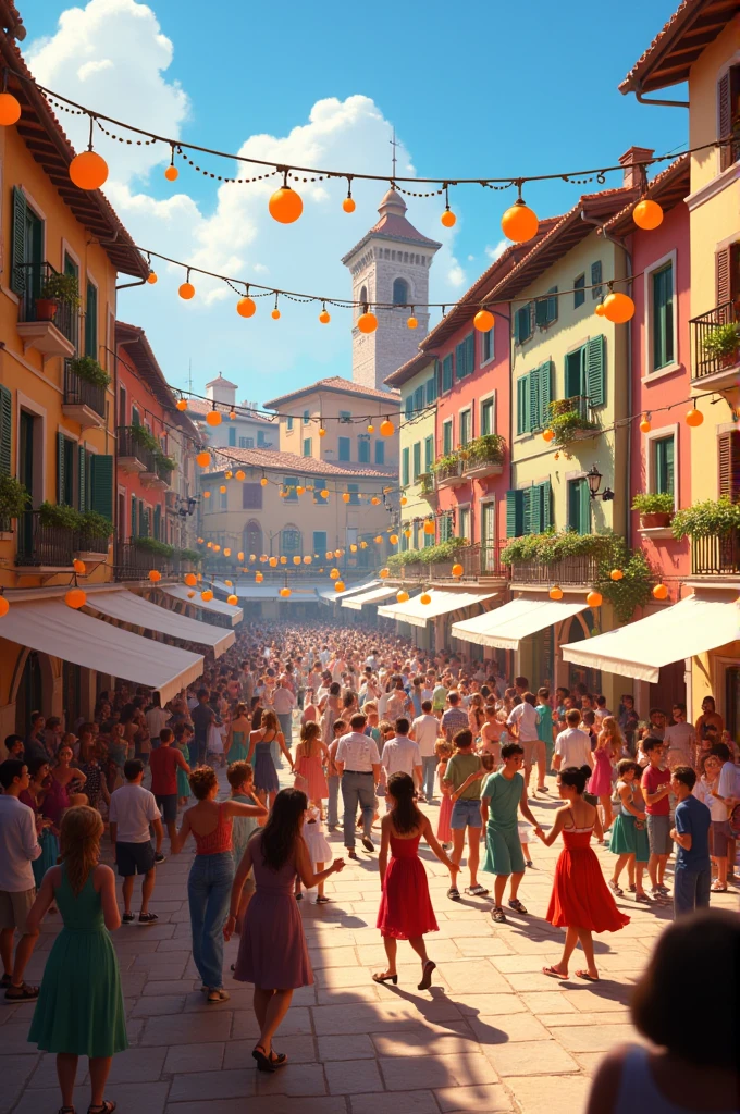 draw a busy square in a picturesque Italian town, with people dancing, talking and celebrating esrilo pixar