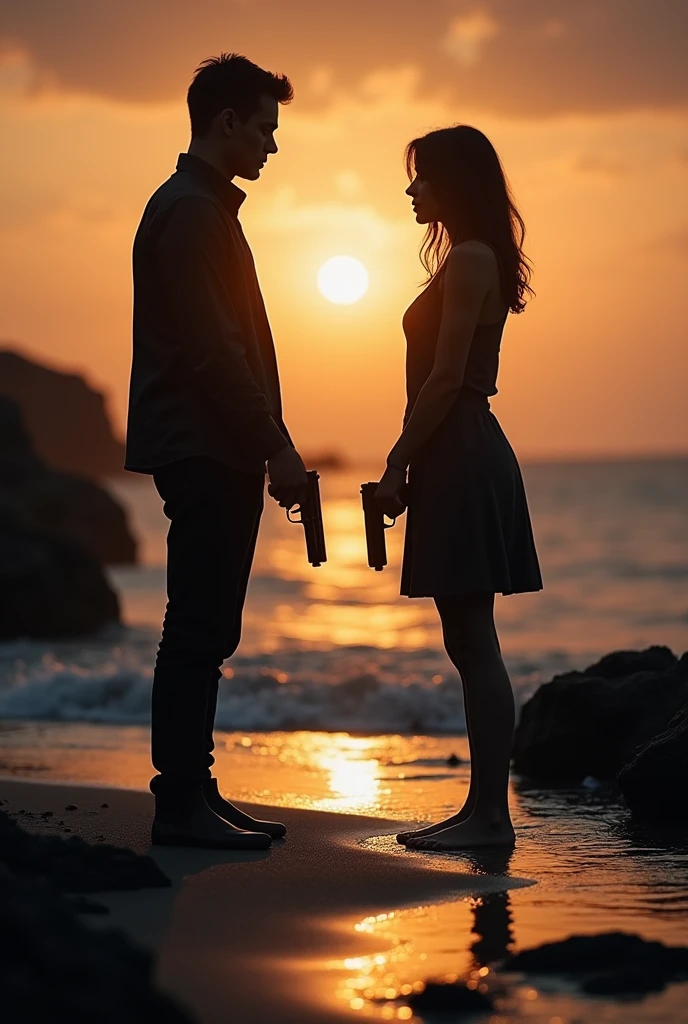 Shadow couple girl and boy shooting each others with guns cross hands dark aesthetic real sunset evening shore young